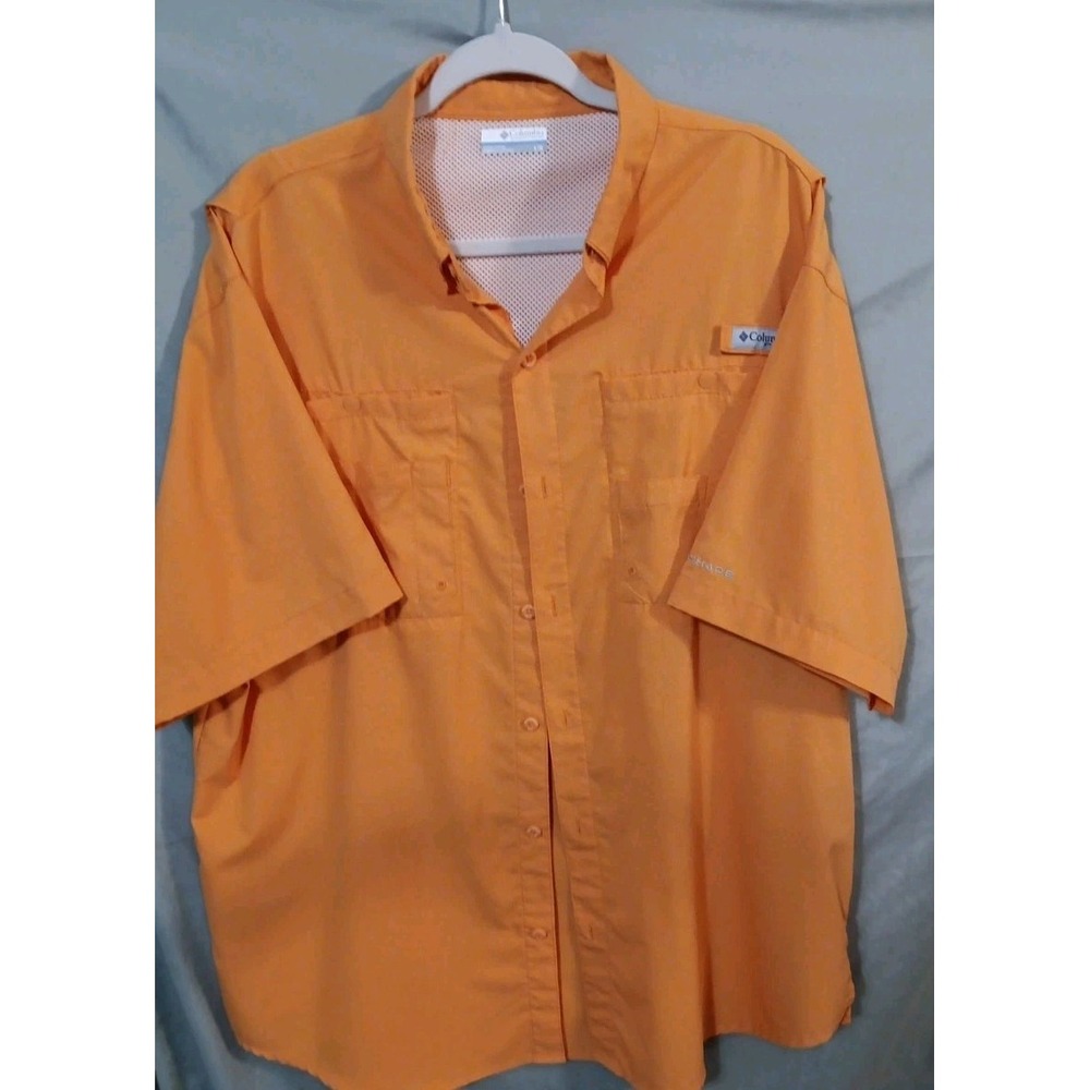 Columbia PFG shirt men's large Orange short sleeve vented Dri-Fit outdoor EUC